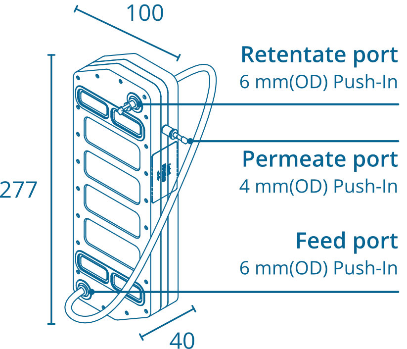 Product drawing of a Vibro-Lab280 cartridge including ports