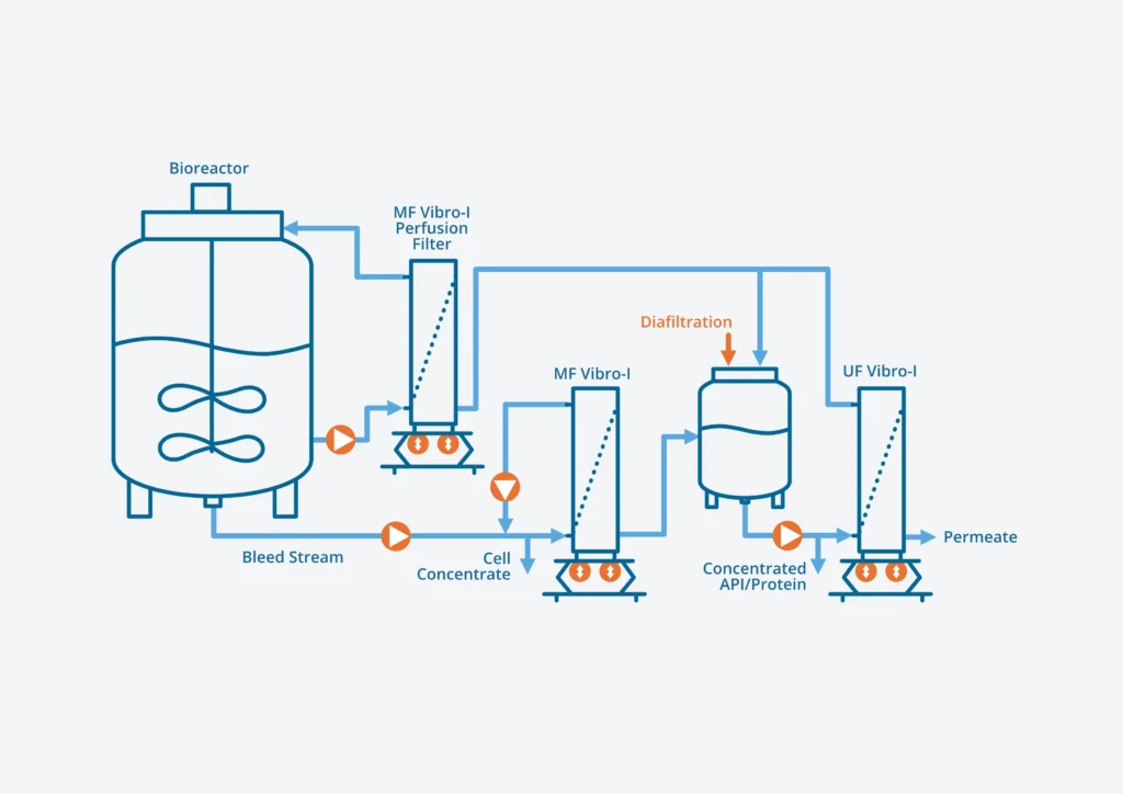 An example perfusion process using Vibro Membrane Filtration (VMF) to recover the API and retain cells.