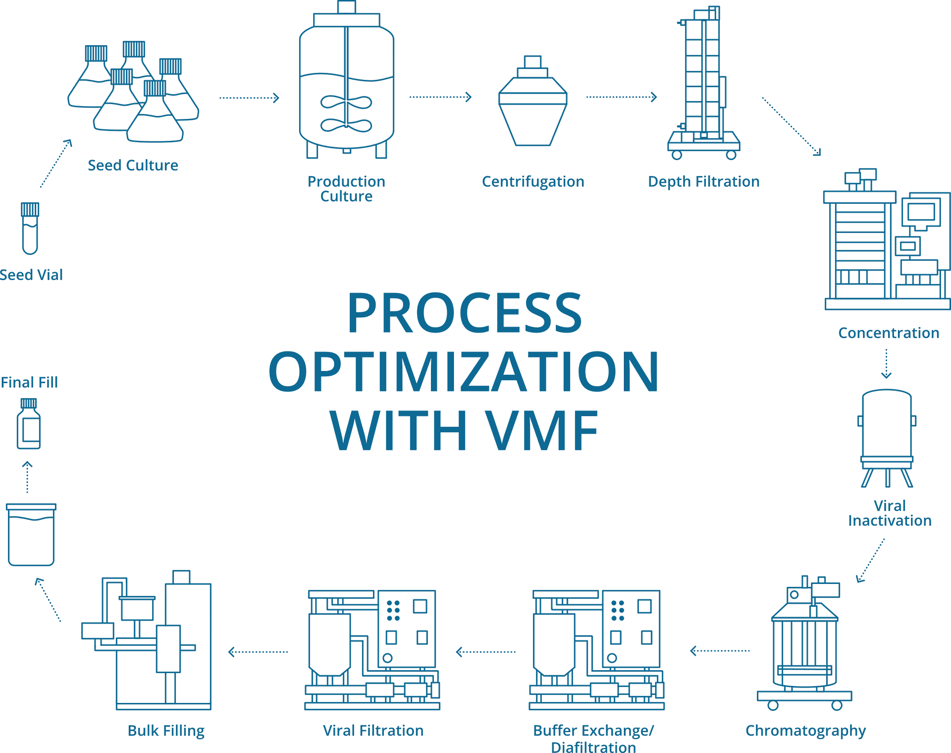 Visualization of a typical bioprocess showing how VMF can replace and intensify DSP.